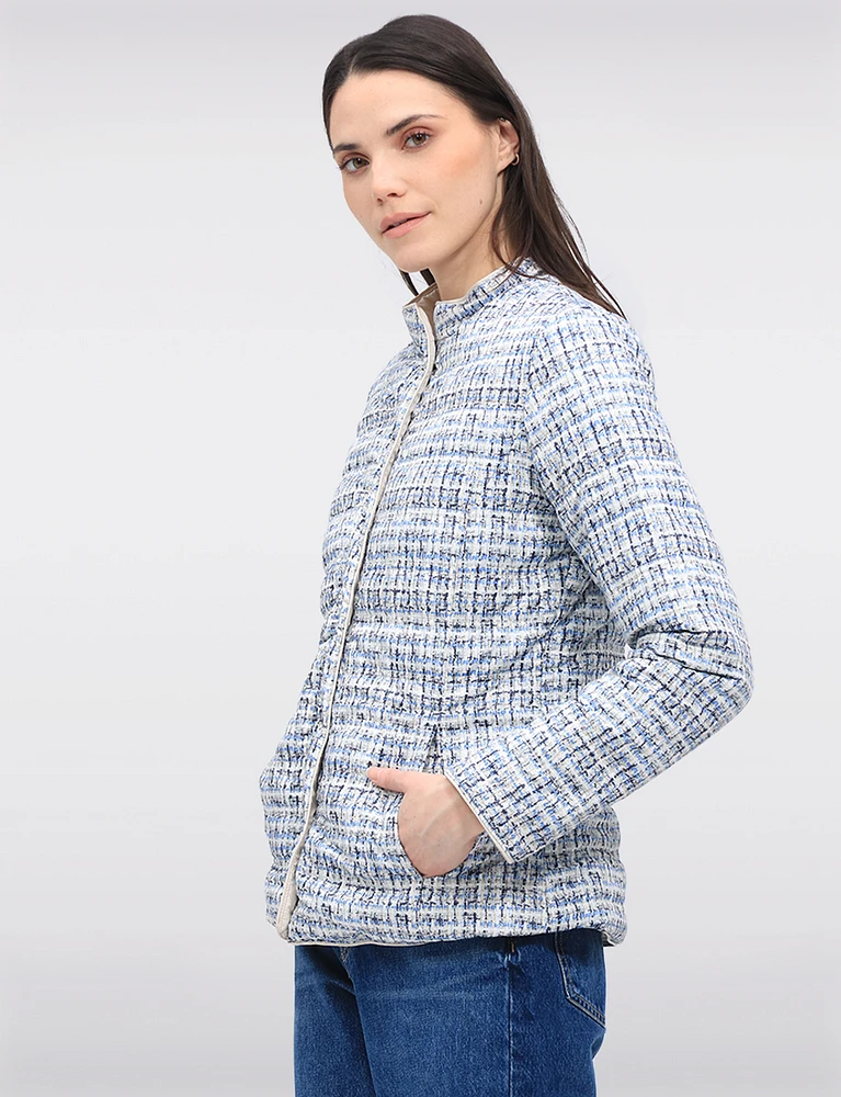 Versatile Vegan Reversible Print/Solid Quilted Jacket with Stand Collar by Saki