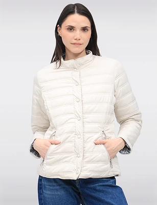 Versatile Vegan Reversible Print/Solid Quilted Jacket with Stand Collar by Saki