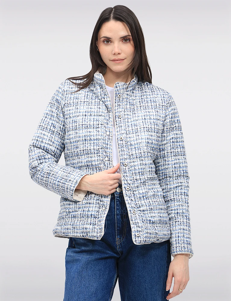 Versatile Vegan Reversible Print/Solid Quilted Jacket with Stand Collar by Saki