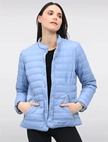 Versatile Vegan Reversible Print/Solid Quilted Jacket with Stand Collar by Saki