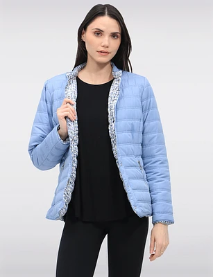 Versatile Vegan Reversible Print/Solid Quilted Jacket with Stand Collar by Saki