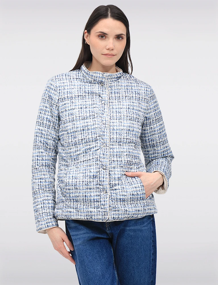 Versatile Vegan Reversible Print/Solid Quilted Jacket with Stand Collar by Saki
