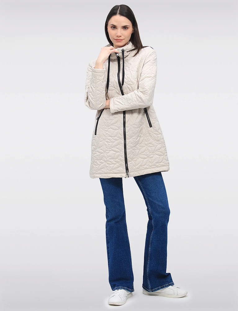 Lightweight Vegan Quilted Floral Design Mid-Length Jacket by Saki