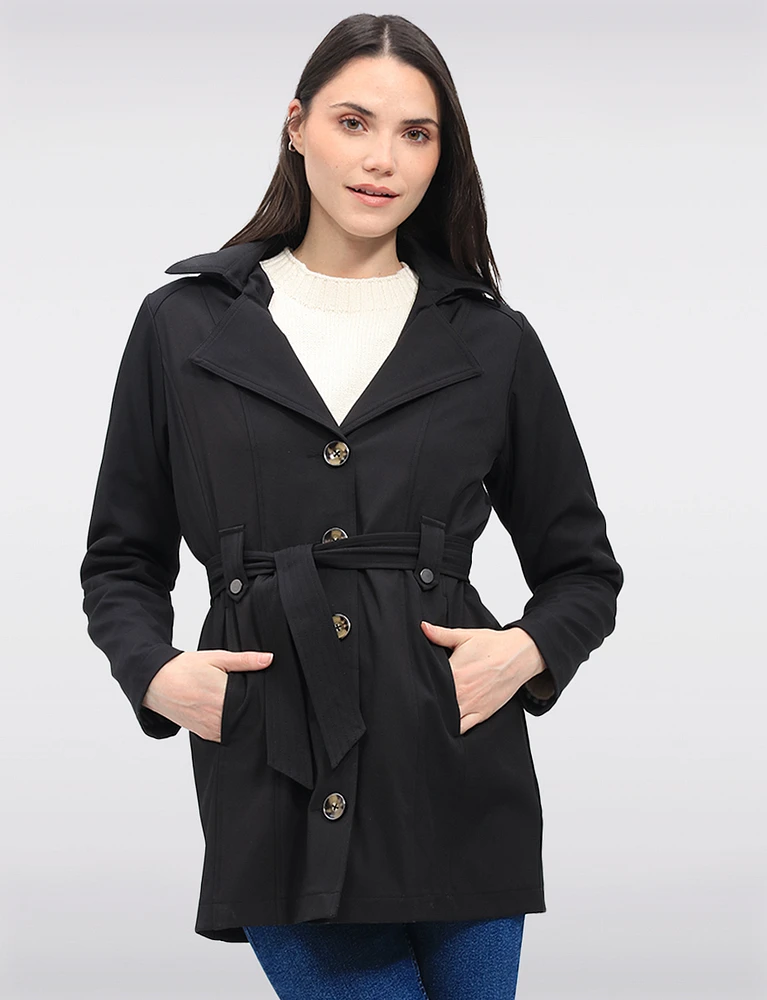 Single-Breasted Short Belted Trench Coat with Removable Hood by Point Zero