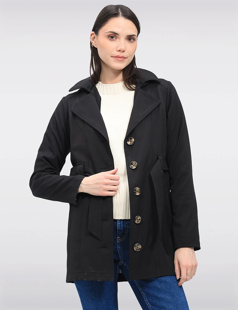 Single-Breasted Short Belted Trench Coat with Removable Hood by Point Zero