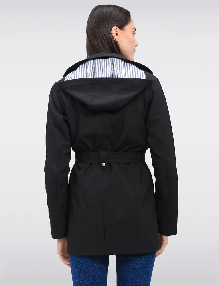 Single-Breasted Short Belted Trench Coat with Removable Hood by Point Zero