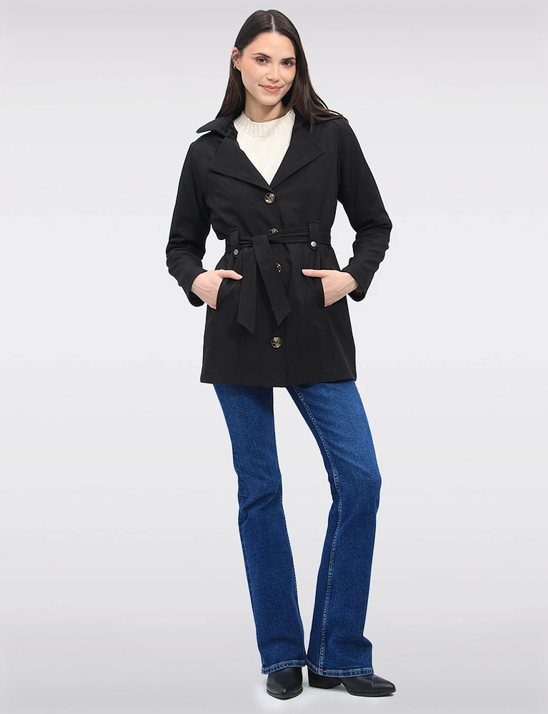 Single-Breasted Short Belted Trench Coat with Removable Hood by Point Zero