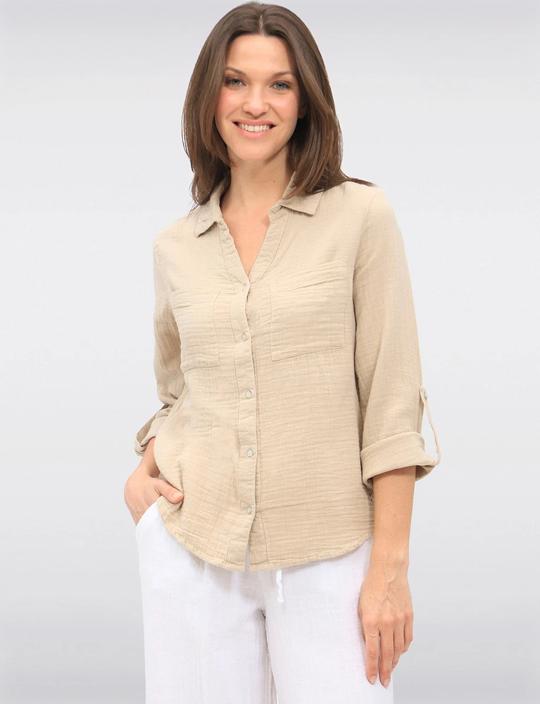 Vegan Cotton Button-Front Shirt Collar Roll-Up Long Sleeves by Point Zero