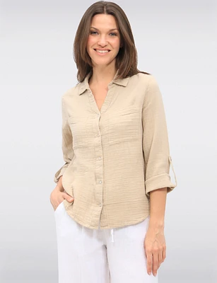 Vegan Cotton Button-Front Shirt Collar Roll-Up Long Sleeves by Point Zero