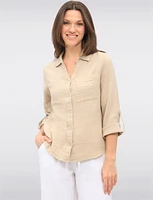 Vegan Cotton Button-Front Shirt Collar Roll-Up Long Sleeves by Point Zero