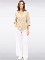 Vegan Cotton Button-Front Shirt Collar Roll-Up Long Sleeves by Point Zero