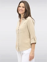 Vegan Cotton Button-Front Shirt Collar Roll-Up Long Sleeves by Point Zero