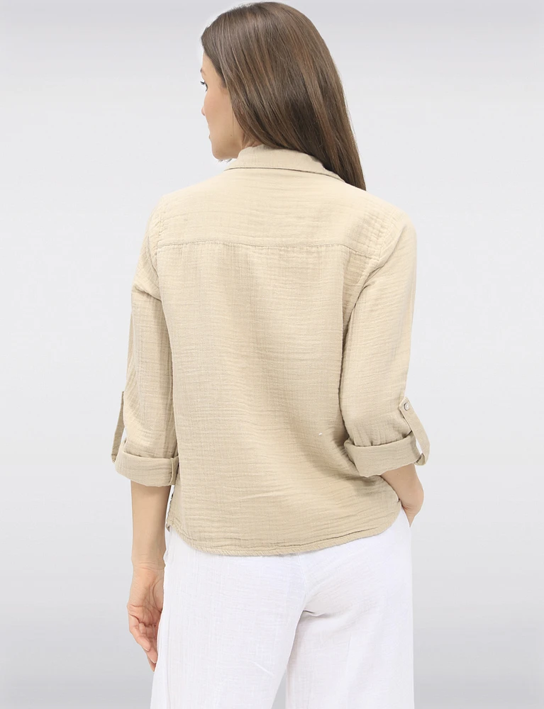 Vegan Cotton Button-Front Shirt Collar Roll-Up Long Sleeves by Point Zero