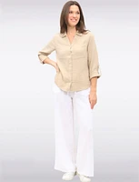 Vegan Cotton Button-Front Shirt Collar Roll-Up Long Sleeves by Point Zero