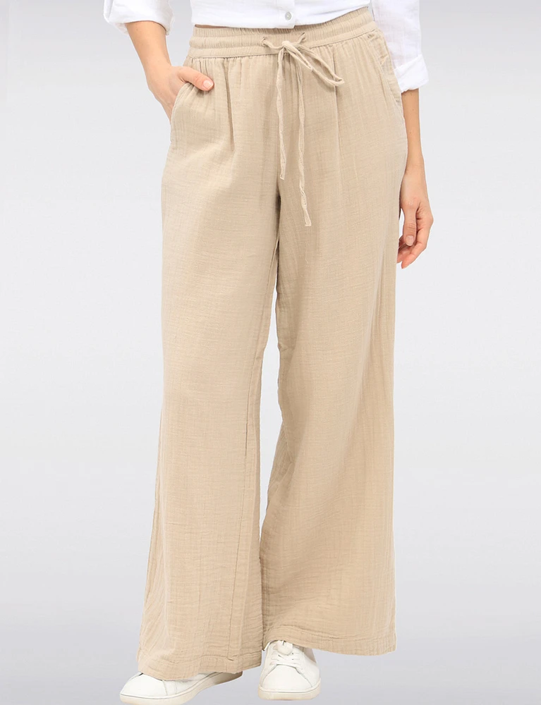 Vegan Lightweight Cotton Wide-Leg Pants with Adjustable Drawstring by Point Zero