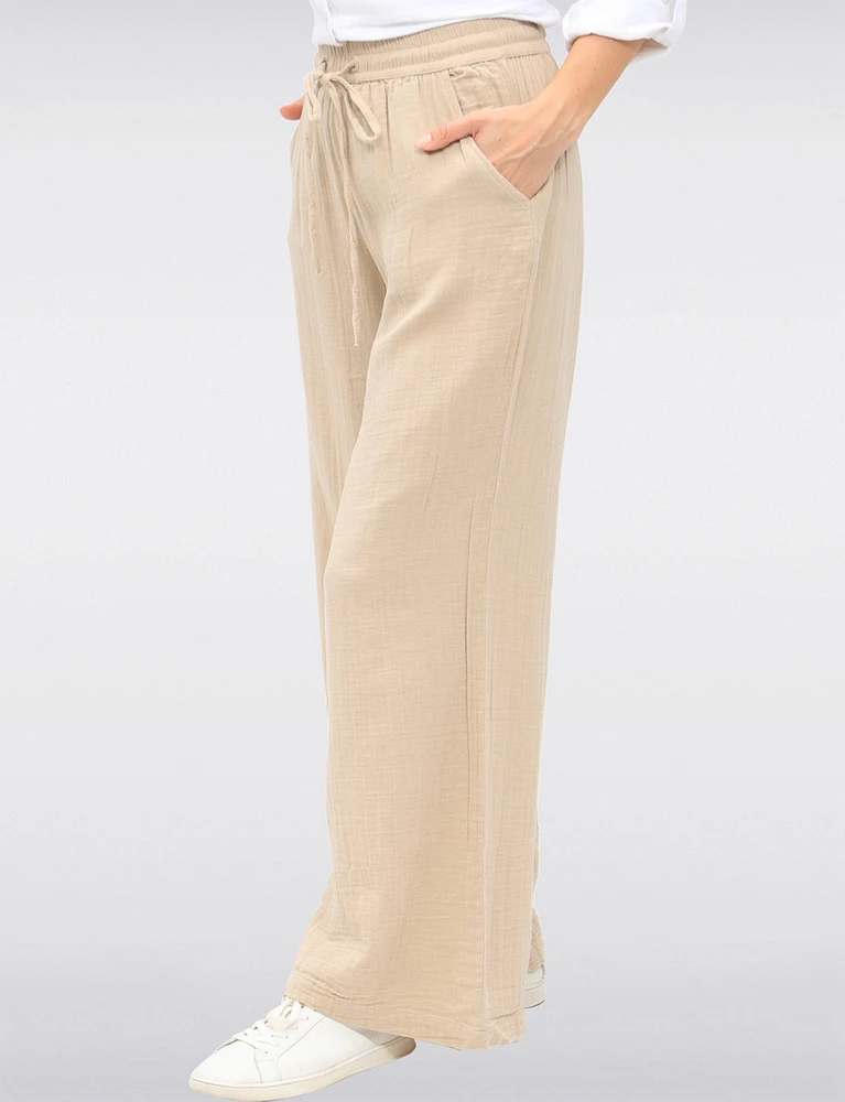 Vegan Lightweight Cotton Wide-Leg Pants with Adjustable Drawstring by Point Zero