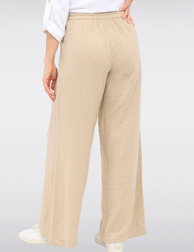 Vegan Lightweight Cotton Wide-Leg Pants with Adjustable Drawstring by Point Zero