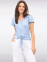 Vegan Striped Tie-Front V-Neck Top with Decorative Button Detail by Point Zero