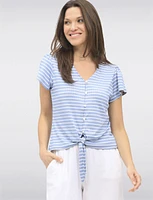 Vegan Striped Tie-Front V-Neck Top with Decorative Button Detail by Point Zero