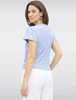 Vegan Striped Tie-Front V-Neck Top with Decorative Button Detail by Point Zero