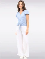 Vegan Striped Tie-Front V-Neck Top with Decorative Button Detail by Point Zero