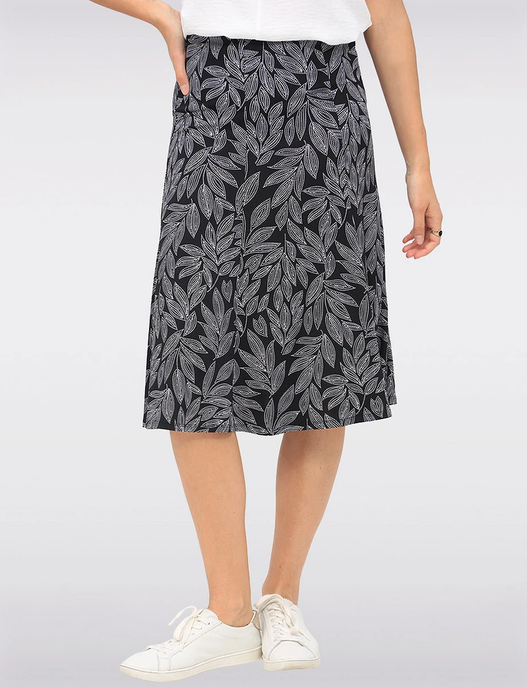 A-Line Leaf Printed Knee-Length Skirt with Pull-On Stretch Waistband by Vamp