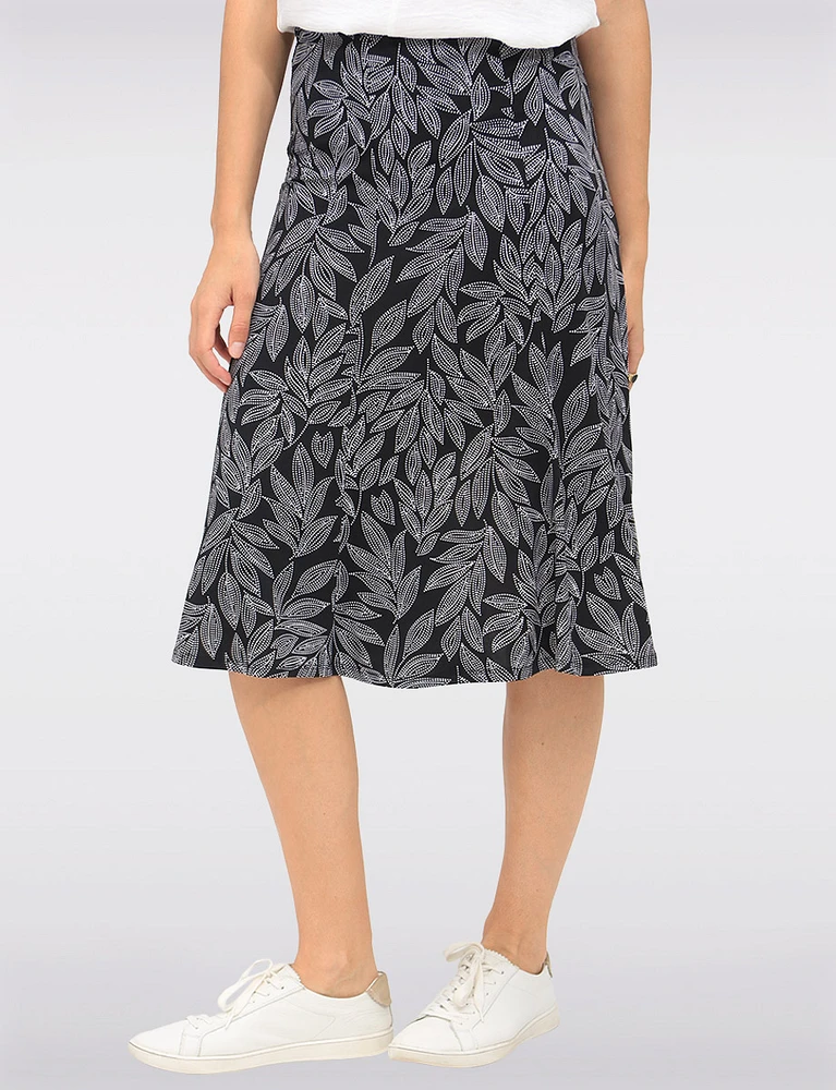 A-Line Leaf Printed Knee-Length Skirt with Pull-On Stretch Waistband by Vamp