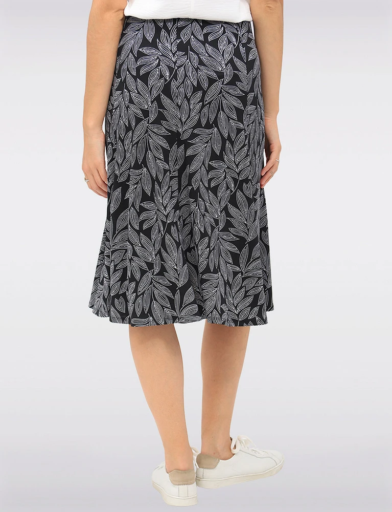A-Line Leaf Printed Knee-Length Skirt with Pull-On Stretch Waistband by Vamp