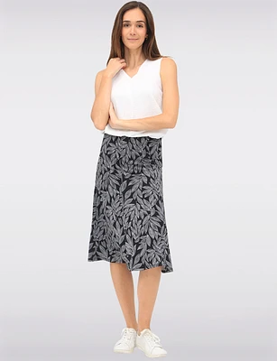 A-Line Leaf Printed Knee-Length Skirt with Pull-On Stretch Waistband by Vamp