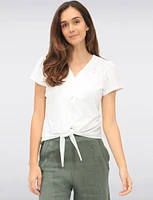 Vegan Short Sleeve Pointelle Knit V-Neck Button Front Tie Hem Top by Point Zero