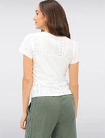 Vegan Short Sleeve Pointelle Knit V-Neck Button Front Tie Hem Top by Point Zero