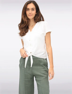 Vegan Short Sleeve Pointelle Knit V-Neck Button Front Tie Hem Top by Point Zero