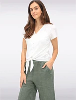 Vegan Short Sleeve Pointelle Knit V-Neck Button Front Tie Hem Top by Point Zero