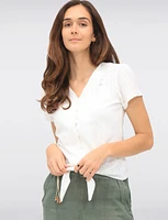 Vegan Short Sleeve Pointelle Knit V-Neck Button Front Tie Hem Top by Point Zero