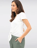 Vegan Short Sleeve Pointelle Knit V-Neck Button Front Tie Hem Top by Point Zero
