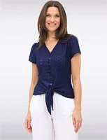 Vegan Short Sleeve Pointelle Knit V-Neck Button Front Tie Hem Top by Point Zero