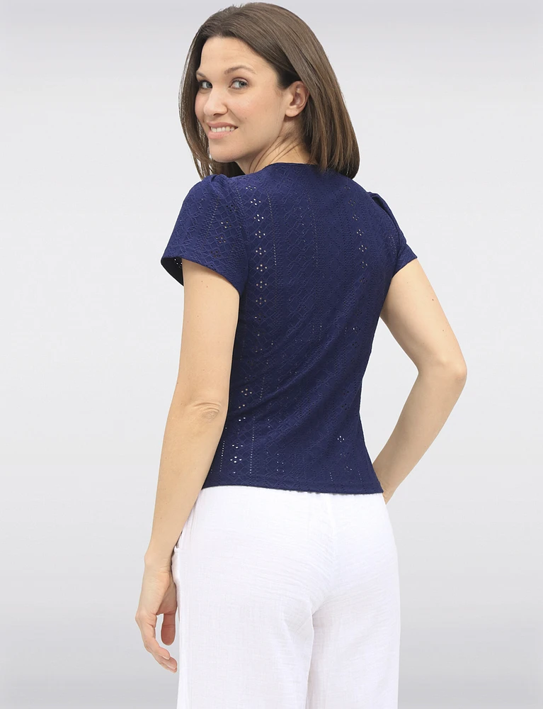 Vegan Short Sleeve Pointelle Knit V-Neck Button Front Tie Hem Top by Point Zero