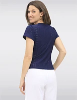 Vegan Short Sleeve Pointelle Knit V-Neck Button Front Tie Hem Top by Point Zero