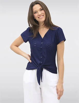 Vegan Short Sleeve Pointelle Knit V-Neck Button Front Tie Hem Top by Point Zero