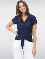 Vegan Short Sleeve Pointelle Knit V-Neck Button Front Tie Hem Top by Point Zero
