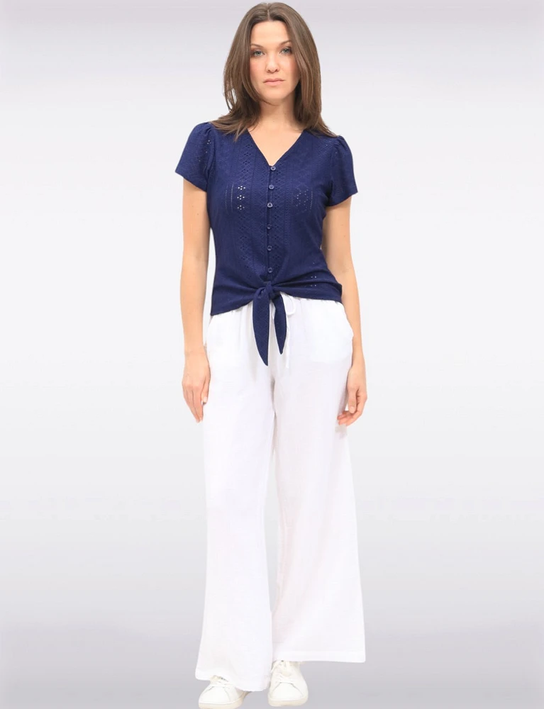 Vegan Short Sleeve Pointelle Knit V-Neck Button Front Tie Hem Top by Point Zero