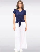 Vegan Short Sleeve Pointelle Knit V-Neck Button Front Tie Hem Top by Point Zero