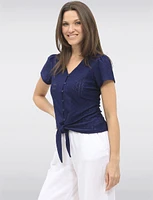 Vegan Short Sleeve Pointelle Knit V-Neck Button Front Tie Hem Top by Point Zero