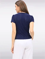 Vegan Short Sleeve Pointelle Knit V-Neck Button Front Tie Hem Top by Point Zero
