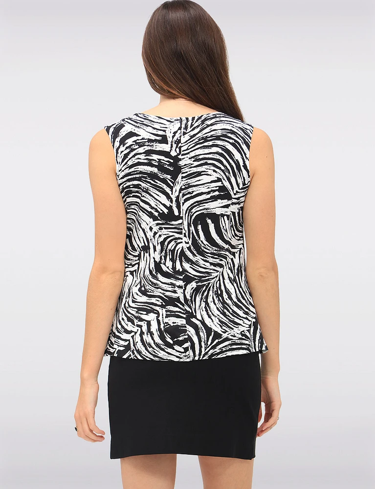 Draped Black & White Abstract Print Sleeveless Cowl Neck Stretch Top by Vamp