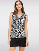 Draped Black & White Abstract Print Sleeveless Cowl Neck Stretch Top by Vamp