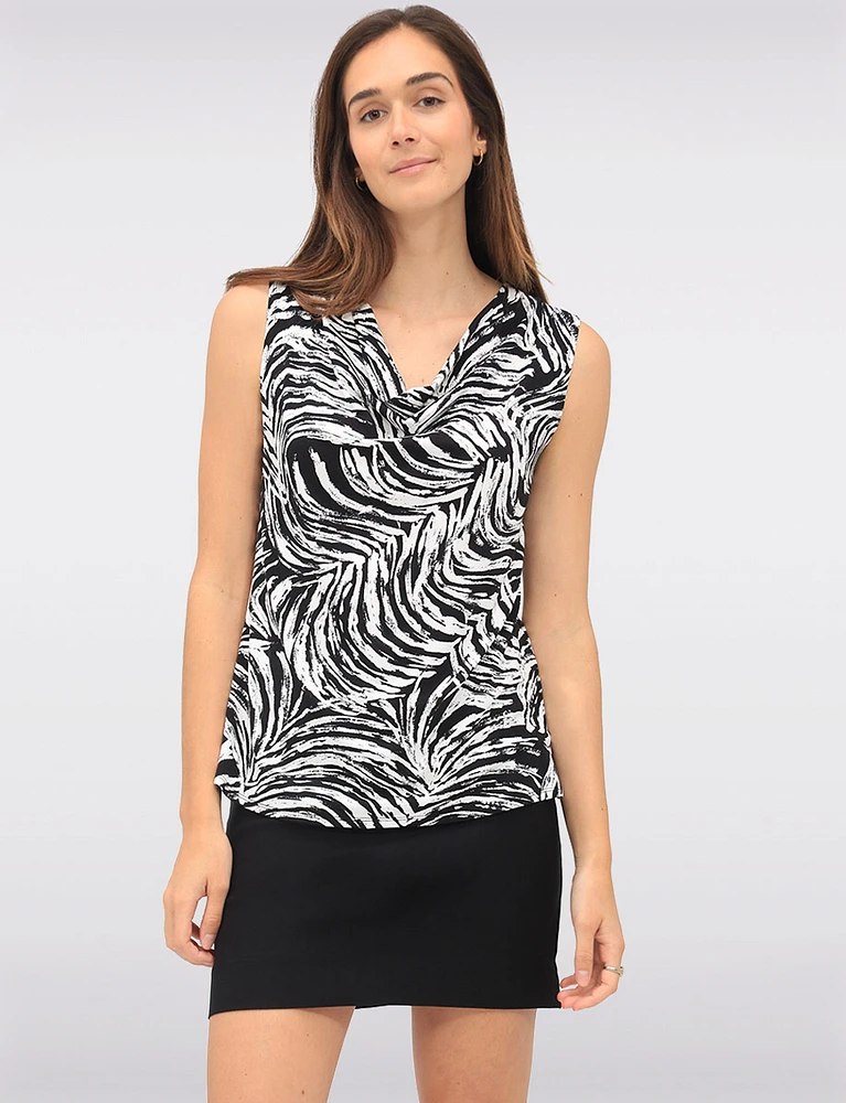 Draped Black & White Abstract Print Sleeveless Cowl Neck Stretch Top by Vamp