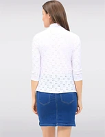 Versatile Draped Front Pointelle Knit 3/4 Sleeves White Shrug By Vamp