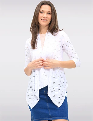 Versatile Draped Front Pointelle Knit 3/4 Sleeves White Shrug By Vamp