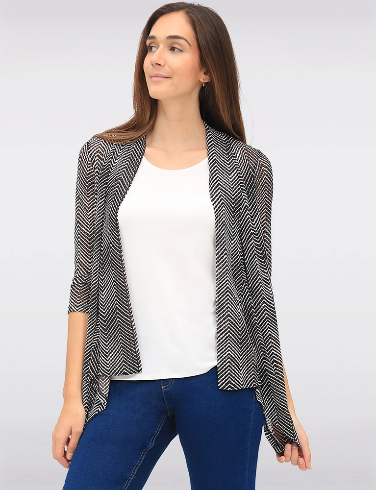 Draped Front Chevron-Striped Pointelle Knit Shrug with 3/4 Sleeves by Vamp